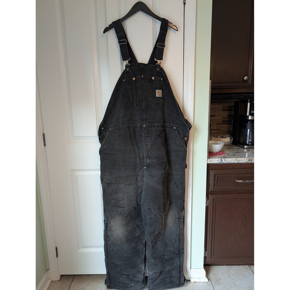 Vtg Carhartt Black Duck Insulated Overalls Double Knee 48-50 Distressed Workwear - Picture 2 of 16